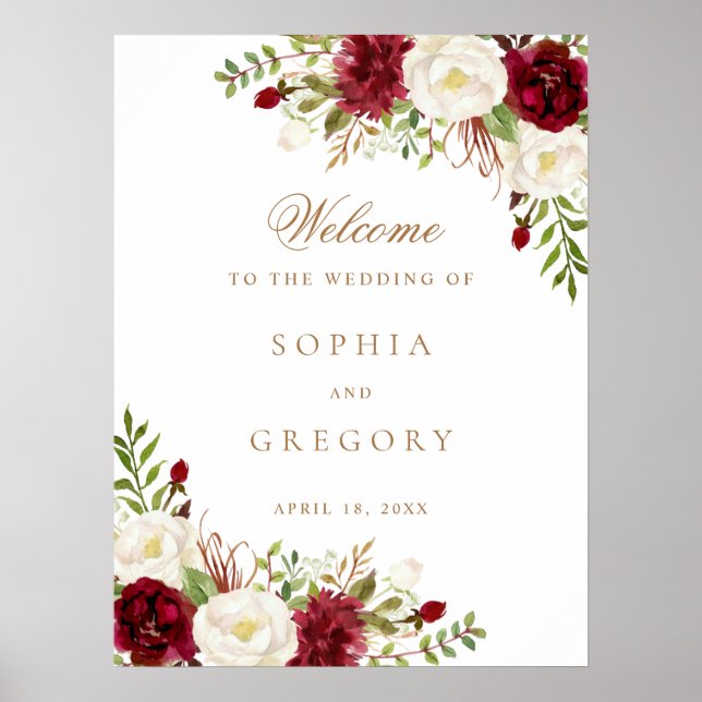 Póster Rótulo Floral Red Burgundy White Elegant Wedding (Frente)