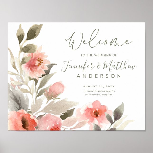 Póster Rótulo floral Rosa de Rubor de bienvenida boda (Frente)