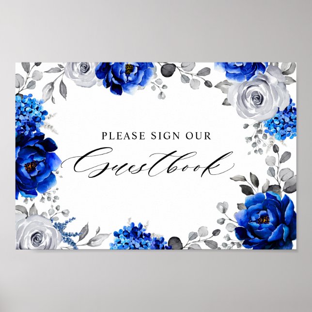 Póster Rótulo floral Royal Blue White Silver nuestro libr (Frente)