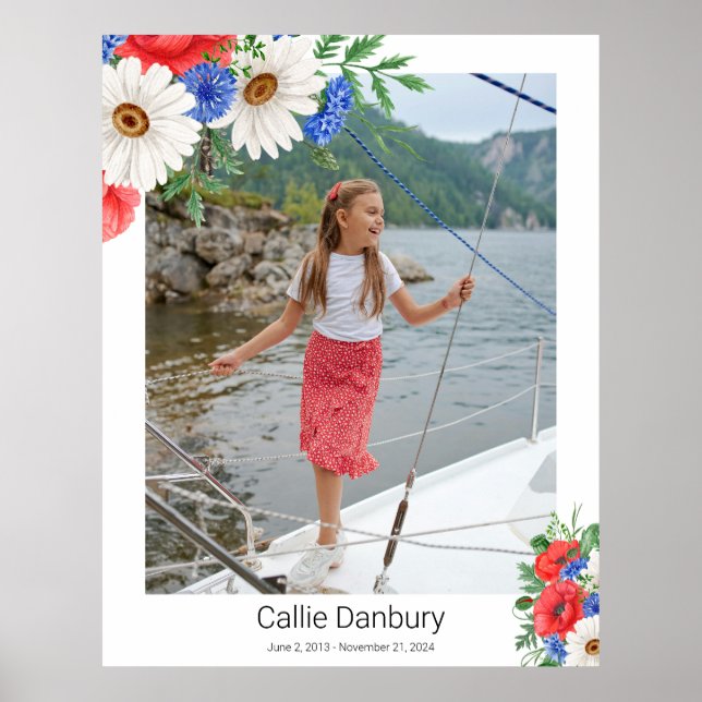 Póster Rótulo Funeral Floral Azul Rojo (Frente)