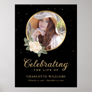 Póster Rótulo Funeral Floral de Oro Amarillo Negro