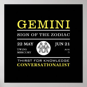 Póster Rótulo Gemini del Zodiac, Poster Astrológico