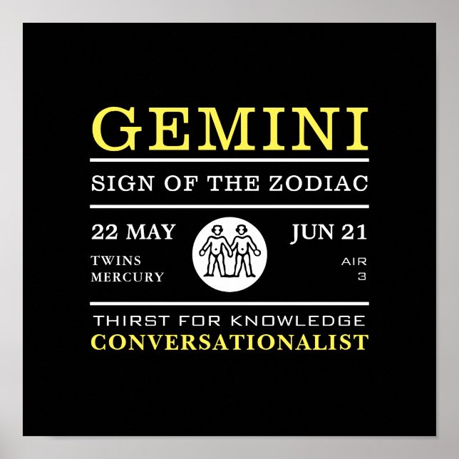 Póster Rótulo Gemini del Zodiac, Poster Astrológico (Frente)