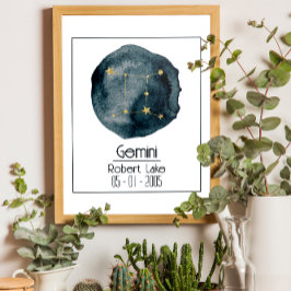 Póster Rótulo Gemini Zodiac: Nombre y Cumpleaños Personal
