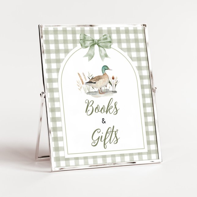 Póster Rótulo Gingham Mallard Duck Baby Books and Gifts (Sage Green Gingham Mallard Duck Hunting Country Baby Shower Sign )