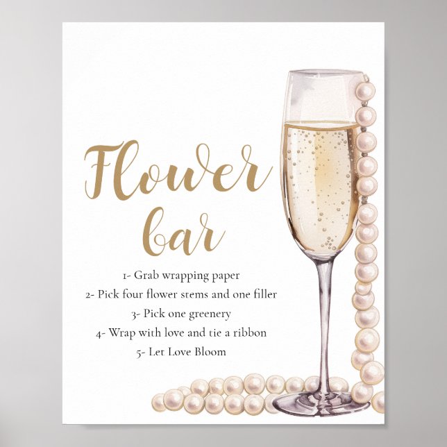 Póster Rótulo Gold Pearls & Prosecco Champagne Flower Bar (Frente)
