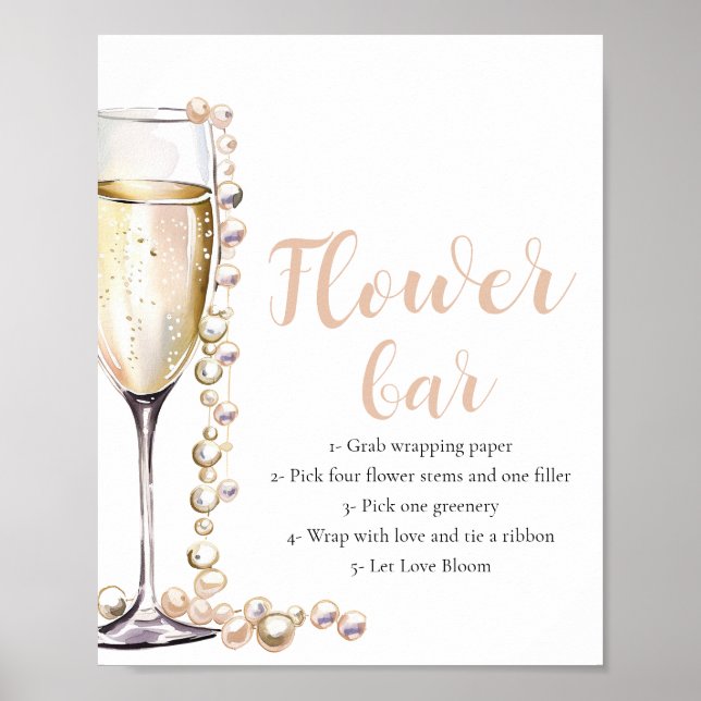 Póster Rótulo Gold Pearls & Prosecco Champagne Flower Bar (Frente)