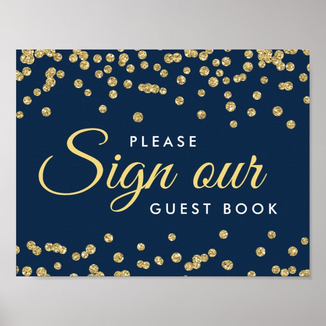 Póster Rótulo Guestbook Gold Faux Purpurina Confetti Navy (Frente)