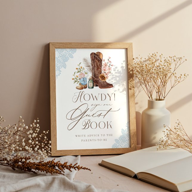 Póster Rótulo Howdy Wild Western Baby Boy Shower (Howdy Wild Western Baby Boy Shower Guestbook Sign)