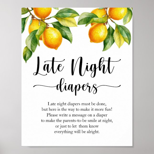 Póster Rótulo Lemon Baby Shower Late Night Diapers (Frente)