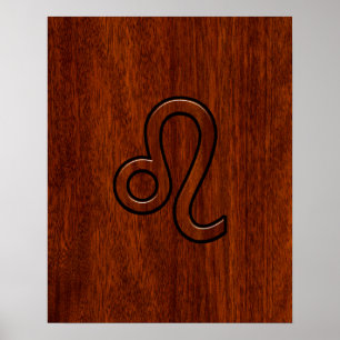 Póster Rótulo Leo Zodiac al estilo de madera de Mahogany