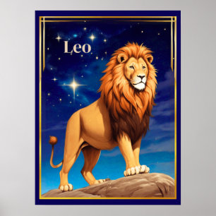Póster Rótulo Leo Zodiac bajo un cielo estrellado
