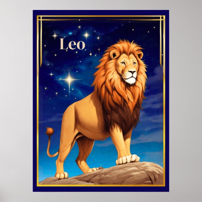 Póster Rótulo Leo Zodiac bajo un cielo estrellado (Frente)