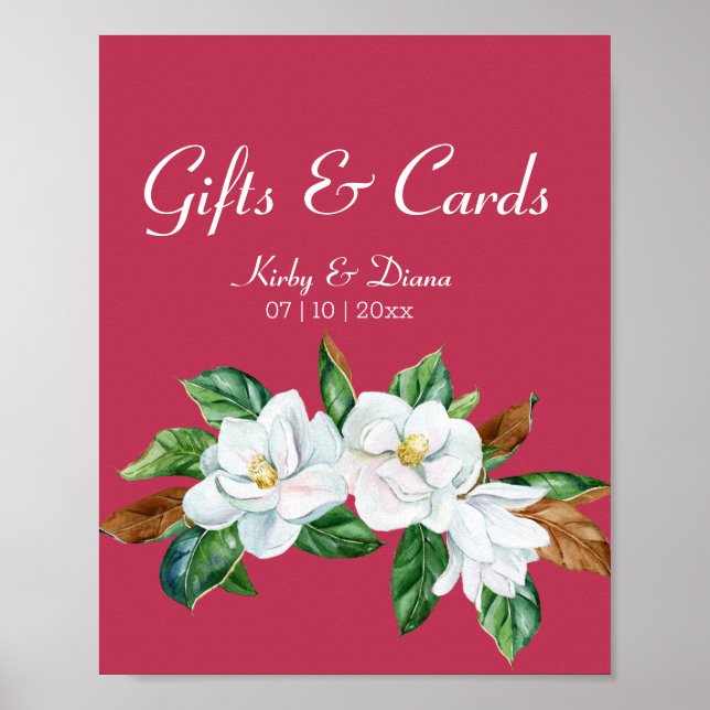 Póster Rótulo Magenta Magnolia Bouquet Boda (Frente)