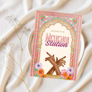 Póster Rótulo Mehendi Bazaar, Estación Henna Decor, Mehnd