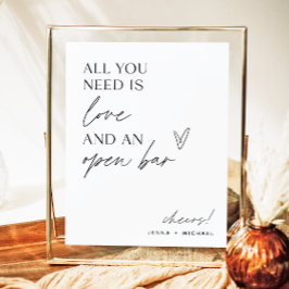 Póster Rótulo minimalista Open Bar | Bar Boda moderno