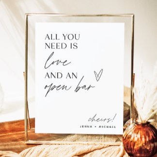 Póster Rótulo minimalista Open Bar | Bar Boda moderno