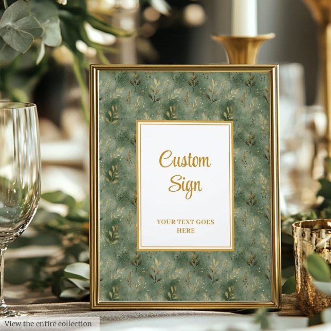 Póster Rótulo mínimo de Personalizado de follaje de oro v (Minimal Sage Green Gold Foliage Custom Poster)