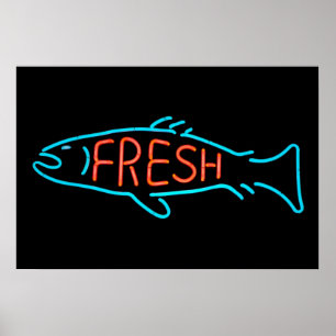 Póster Rótulo Neon de pescado fresco