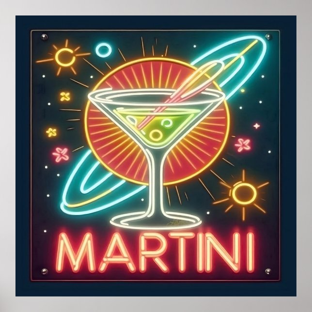 Póster Rótulo Neon Martini de Mid Century (Frente)