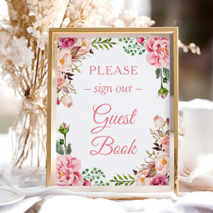 Póster Rótulo Nuestro Guestbook Elegante Rubor Floral Ros