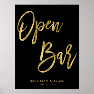 Póster Rótulo Open Bar Negro Y Oro 18x24