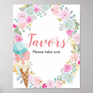 Póster Rótulo Pastel Ice crema Flores Watercolor Favor