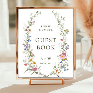 Póster Rótulo Pastel Pink Floral Wildflower Guestbook