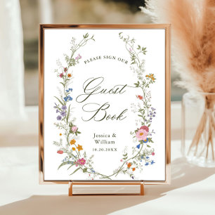 Póster Rótulo Pastel Pink Floral Wildflower Guestbook