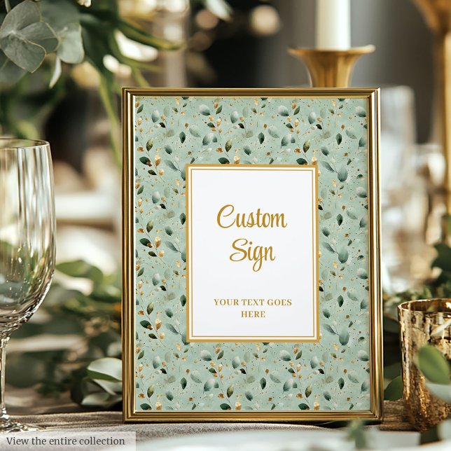 Póster Rótulo Personalizado de Boda de la Foliage de Oro  (Modern Sage Green Gold Foliage Wedding Custom Poster)