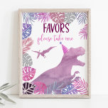 Póster Rótulo Pink Purple Dinosaur Birthday Favor<br><div class="desc">Este adorable cartel de mesa sería una gran adición a una fiesta de cumpleaños temática a los dinosaurios. El diseño se compone de dinosaurios acuáticos pintados a mano y hojas tropicales.</div>