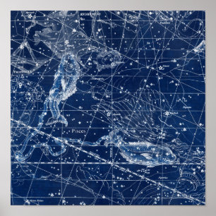 Póster Rótulo Pisces Zodiac Ilustracion de cosecha