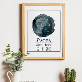 Póster Rótulo Pisces Zodiac: Nombre y Cumpleaños Personal