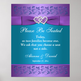 Póster Rótulo/Poster Boda  de Corazones Florales Púrpura 