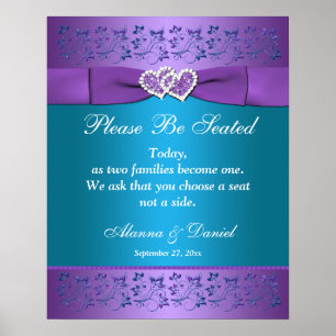 Póster Rótulo/Poster Boda  de Corazones Florales Púrpura
