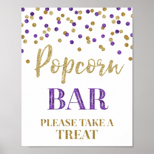 Póster Rótulo Purple Gold Confetti Popcorn Bar (Frente)