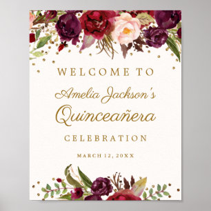Póster Rótulo Quinceanera floral de oro de Borgoña