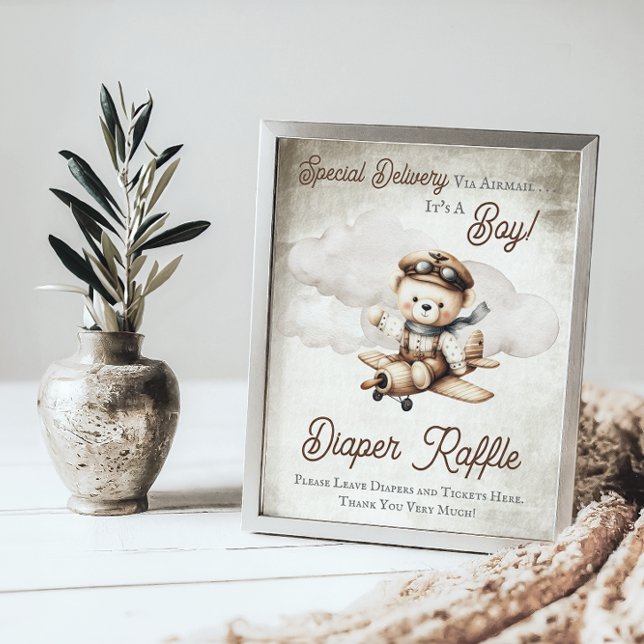 Póster Rótulo Raffle de Diaper Teddy Bear Shower ("Special Delivery Via Airmail  It's A Boy!" Teddy Bear | Airplane Baby Shower Diaper Raffle Sign)