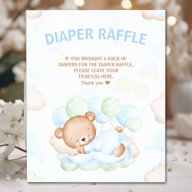 Póster Rótulo Raffle de pañal verde azul Baby Shower Bear (Bear Boy Baby Shower Blue Green Diaper Raffle Sign)