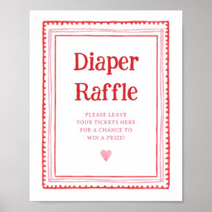 Póster Rótulo Raffle de pañales rosados y de corazón rojo