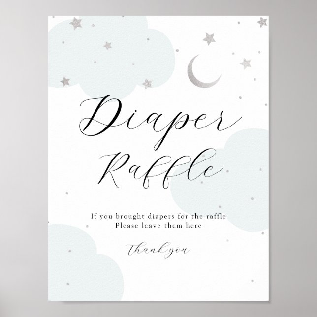 Póster Rótulo Raffle de plata de luna y pañales azules (Frente)