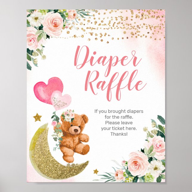 Póster Rótulo Raffle de Teddy Bear Diaper con globo rosa (Frente)