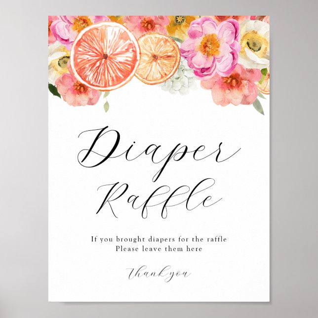 Póster Rótulo Raffle Diaper Flowe de cítricos rosa (Frente)
