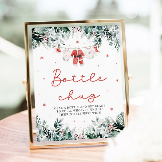 Póster Rótulo Red Santa Baby Shower Bottle Chug (Watercolor Christmas Red Santa Baby Shower Bottle Chug Game Sign)