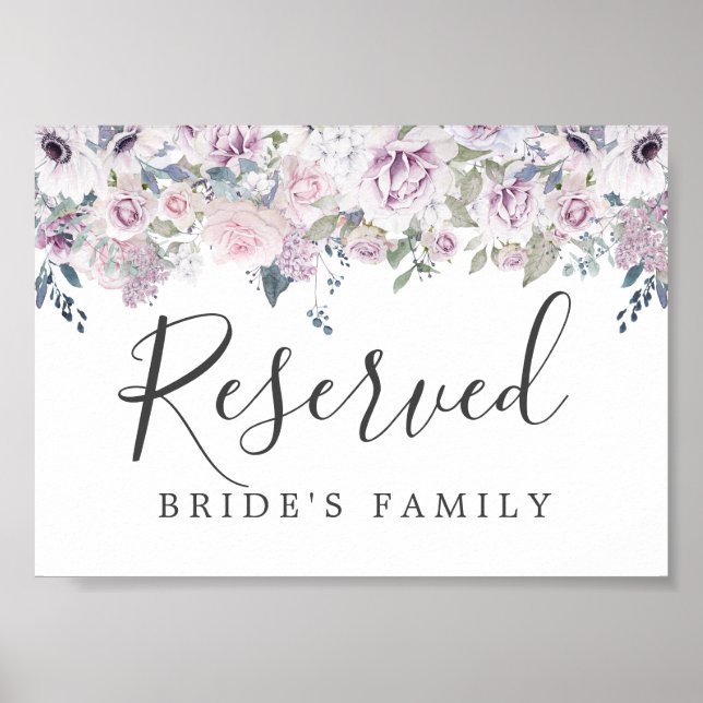 Póster Rótulo reservado de Boda floral blanco púrpura rús (Frente)