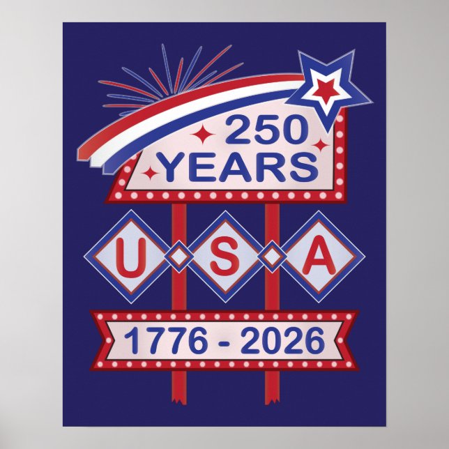 Póster Rótulo Retro USA 250 Aniversario Marquee 1776-2026 (Frente)