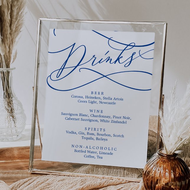 Póster Rótulo romántico de menú de bebidas con caligrafía (Romantic Sapphire Blue Calligraphy Drink Menu Sign)