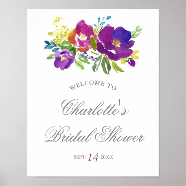 Póster Rótulo Romántico Floral Bridal Shower (Frente)