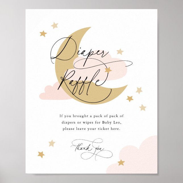 Póster Rótulo rosado del pañal de la luna y las estrellas (Frente)