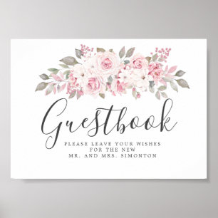 Póster Rótulo Rubor Pink Floral Boda Guestbook
